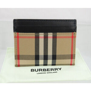 BURBERRY SANDON BEIGE CHECK CANVAS BLACK LEATHER LOGO CARD HOLDER CASE WALLET